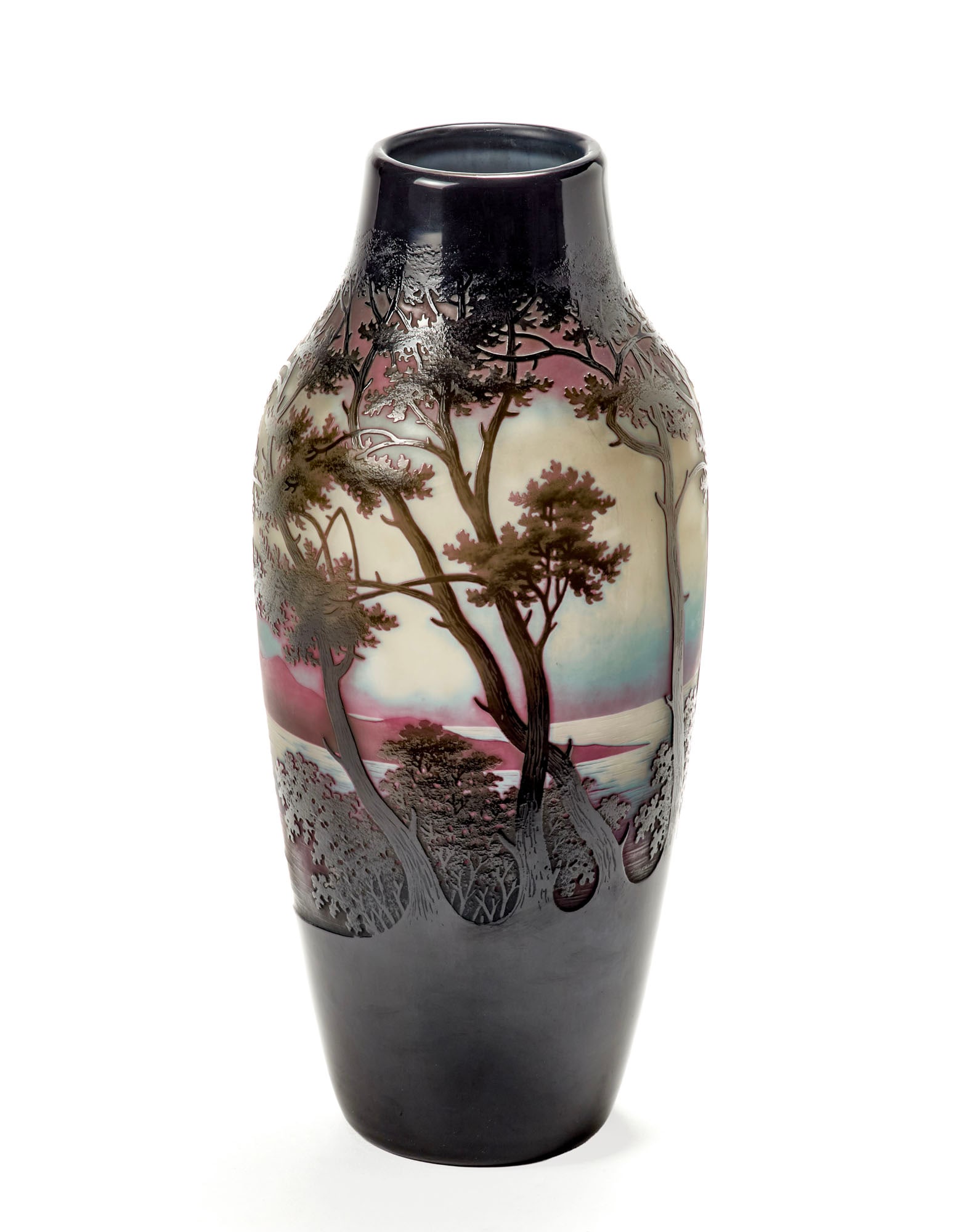 D'Argental Cameo glass vase, decorated with a lake and mountain landscape in overlapping colours. (1 of 3)