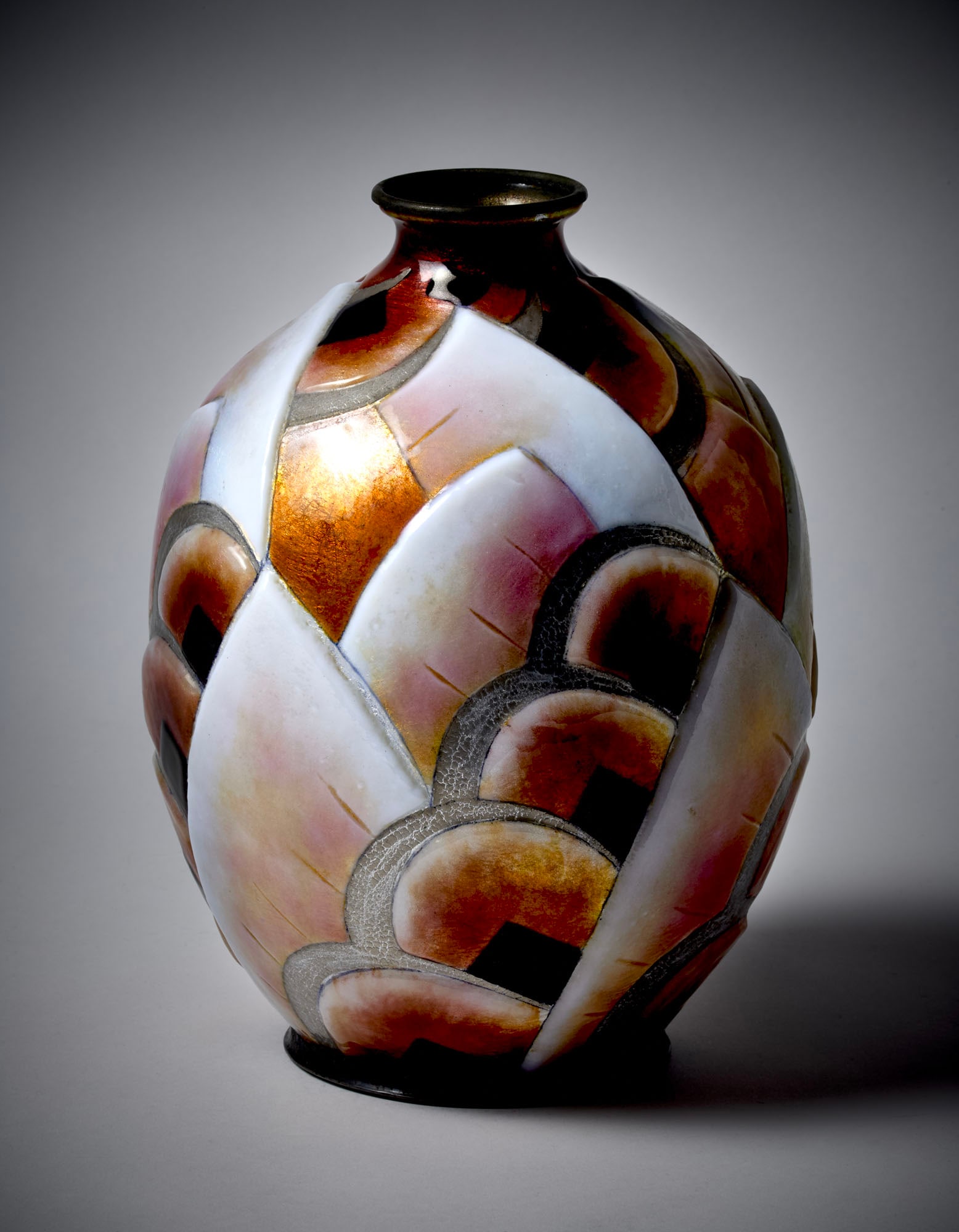 Camille Fauré (1874 - 1956) Art Deco vase in enamelled copper with geometric and relief design. (1 of 2)