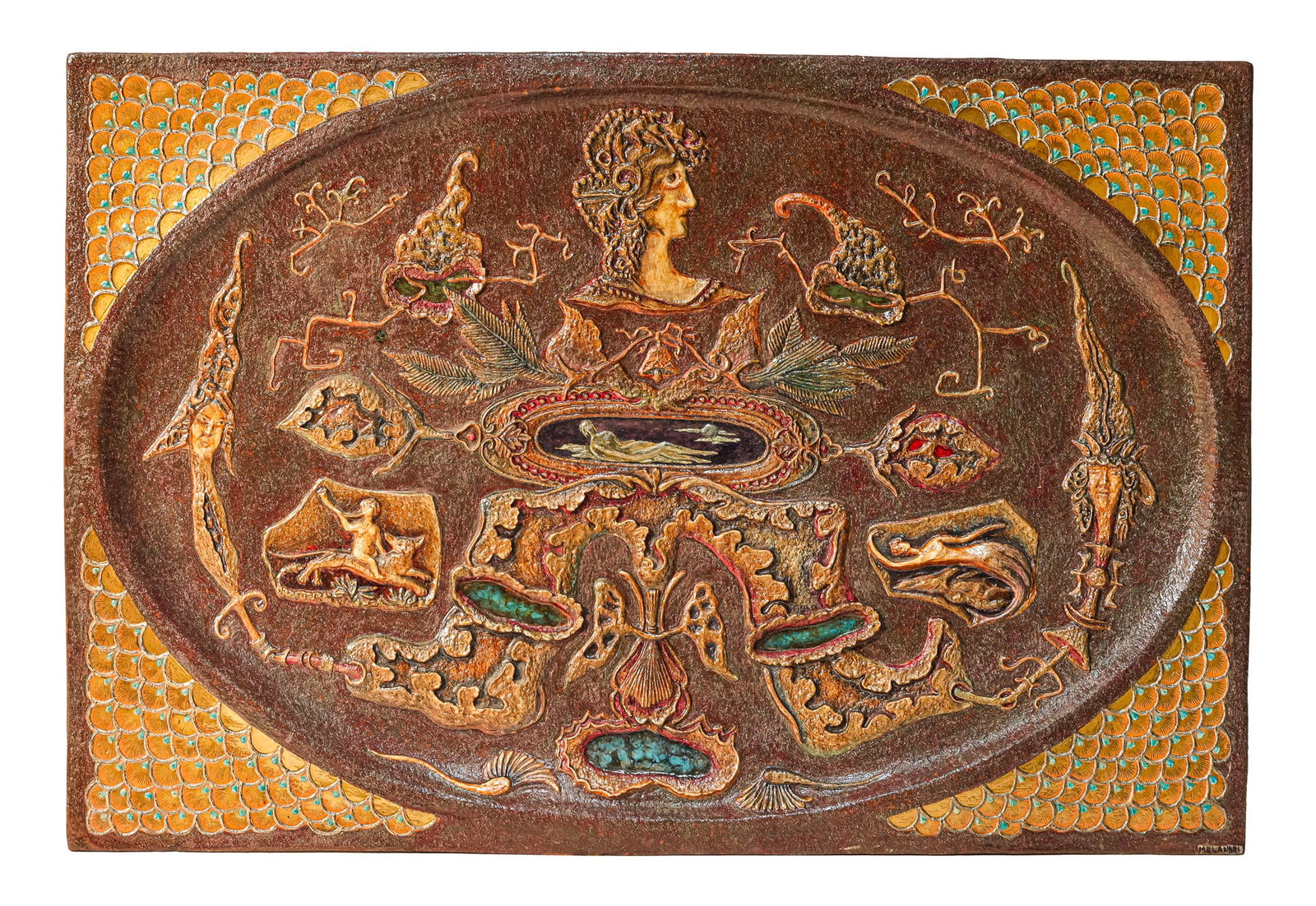 Pietro Melandri (Faenza 1885 - 1976) Panel with grotesque motifs, decorated in relief with stylized (1 of 1)
