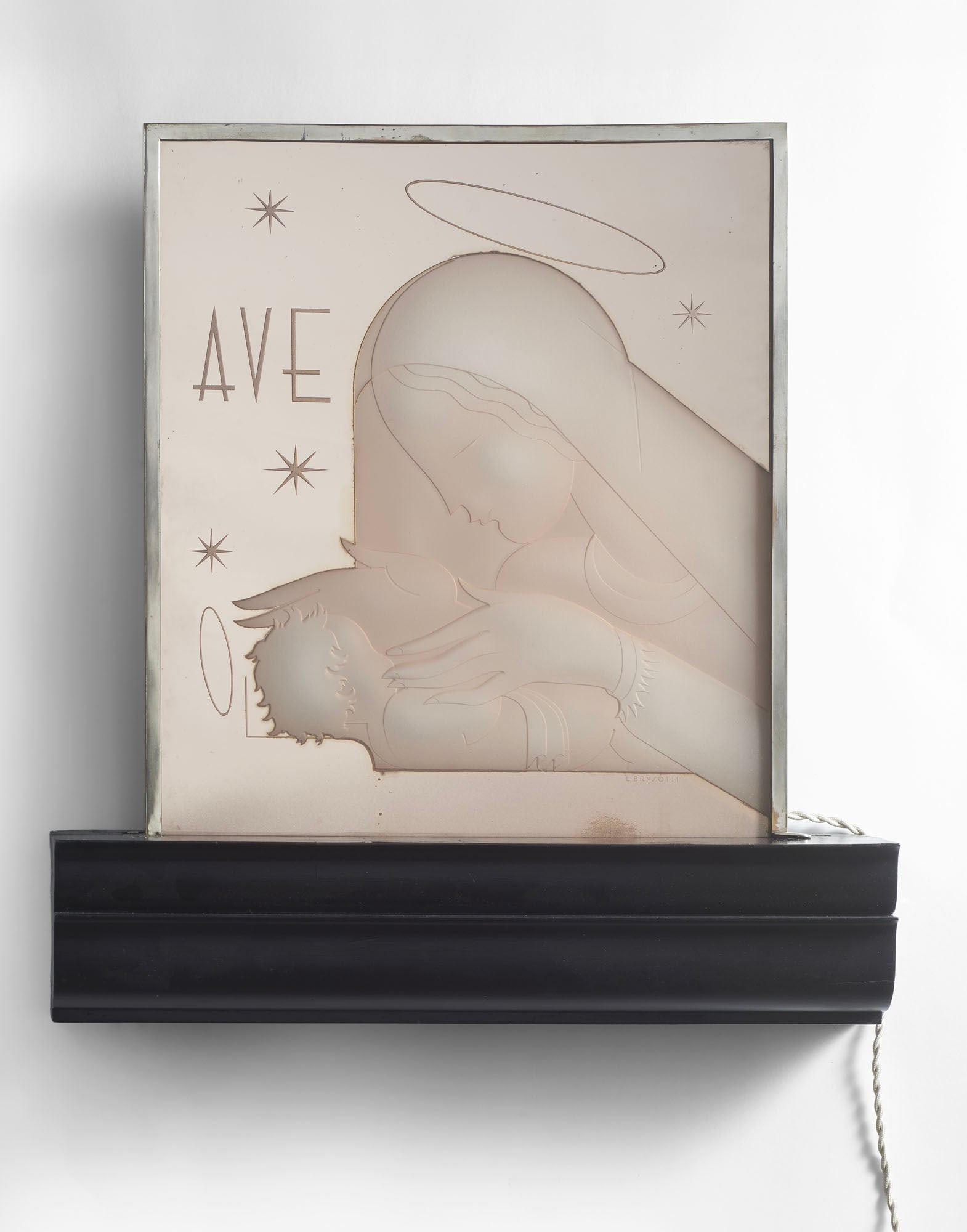 Luigi Brusotti "Ave" Votive lamp. Milan, 1930s. A rose-tinted glass panel, sandblasted with an (1 of 2)