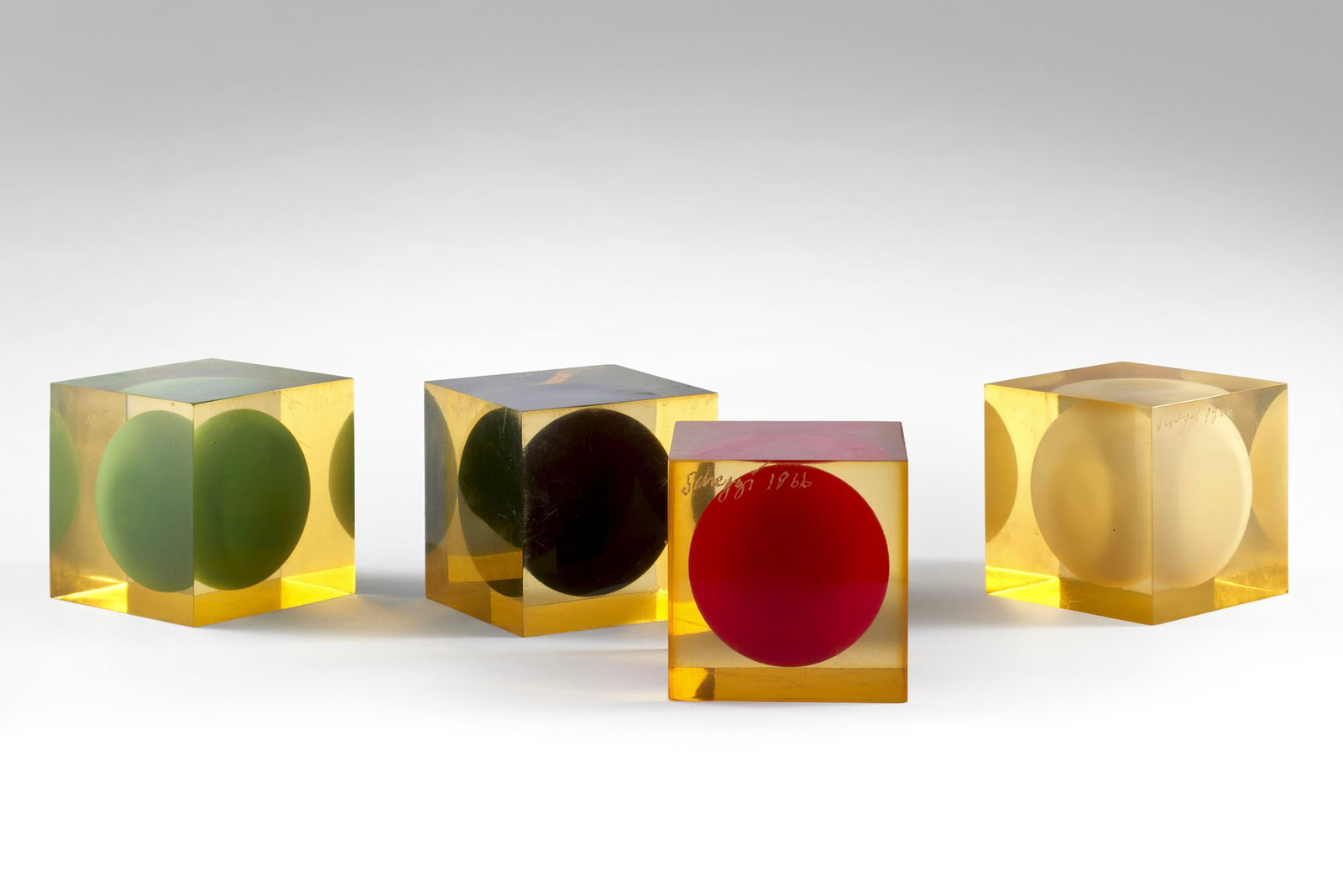 Paolo Scheggi (Firenze 1940 - Roma 1971) Four resin cubes containing balls. 1966. Engraved signature (1 of 4)