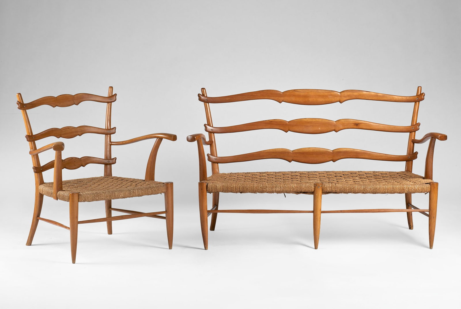 Small sofa and armchair made of solid wood and rope. Milan, 1940s/1950s. (small sofa: 138 x 81 x 57 (1 of 1)