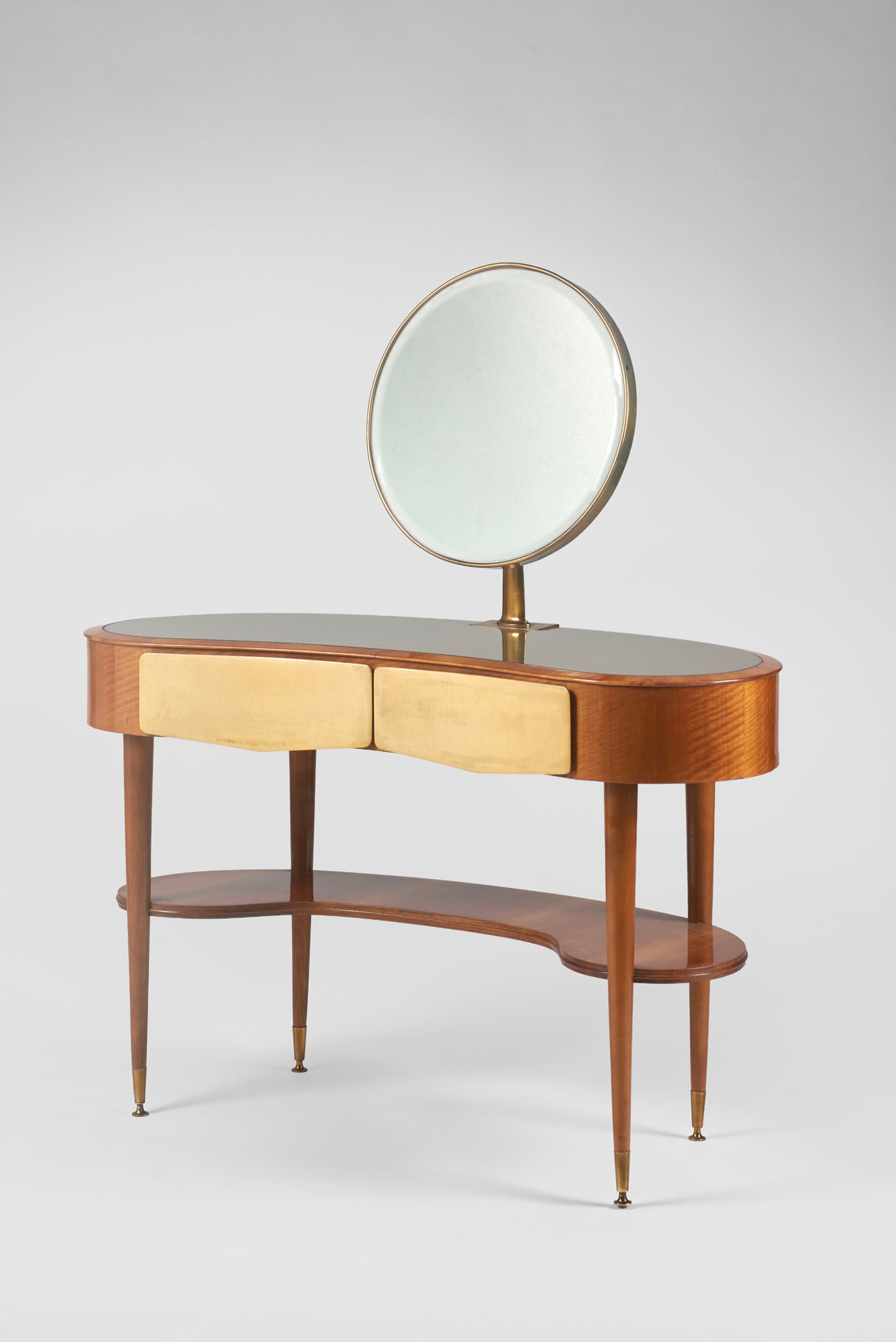 * Dressing table made of solid wood and veneer with brass finials and mirror, gray back-painted (1 of 1)