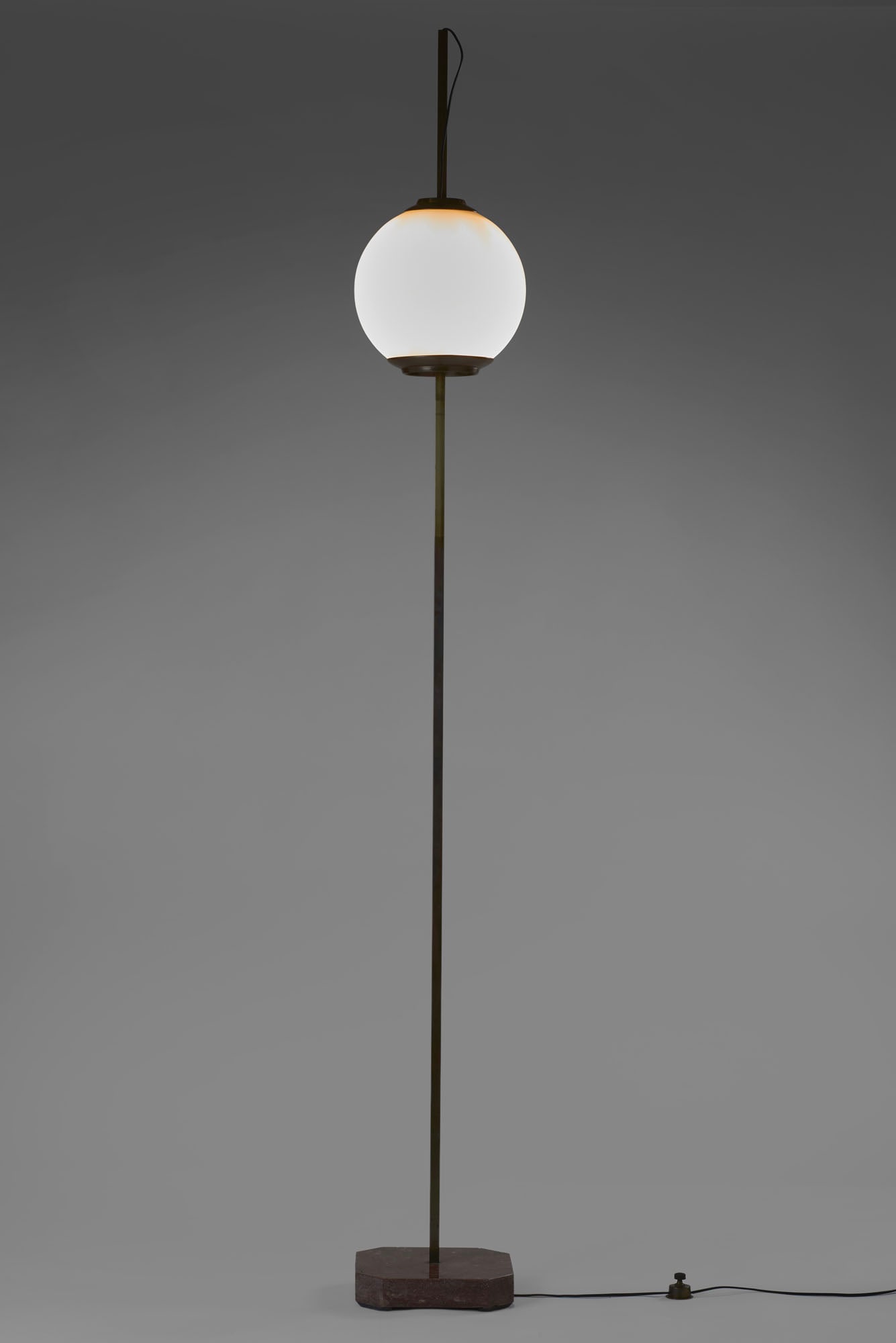 Luigi Caccia Dominioni (Milano 1913 - 2016) * Floor lamp model "LTE10 Pallone". Produced by Azucena,: Luigi Caccia Dominioni (Milano 1913 - 2016) * Floor lamp model "LTE10 Pallone". Produced by Azucena, Milan, 1954ca. Marble base, brass stem and plates, and blown glass shades with an internally froste