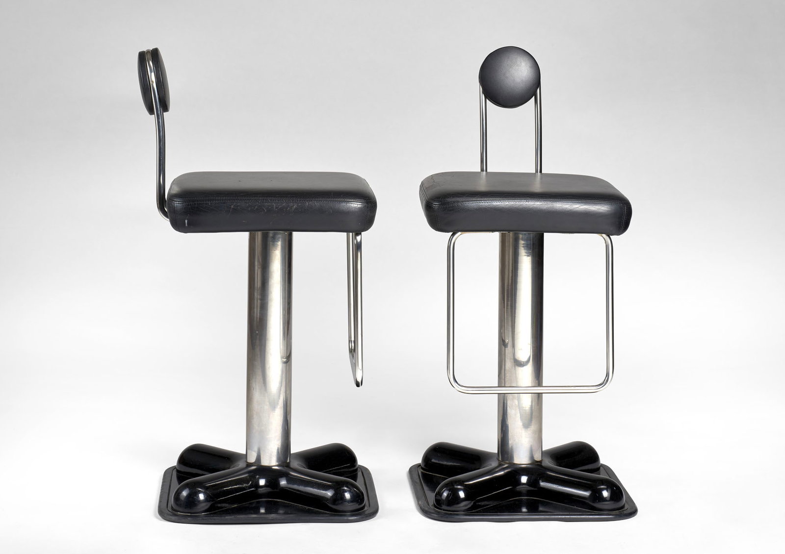 Joe Colombo (Milano 1930 - Milano 1971) Pair of stools model "Birillo". Produced by Zanotta, Nova: Joe Colombo (Milano 1930 - Milano 1971) Pair of stools model "Birillo". Produced by Zanotta, Nova Milanese, 1970s. Fiberglass-reinforced polyester and tubular stainless steel legs. Padded, swivel seat