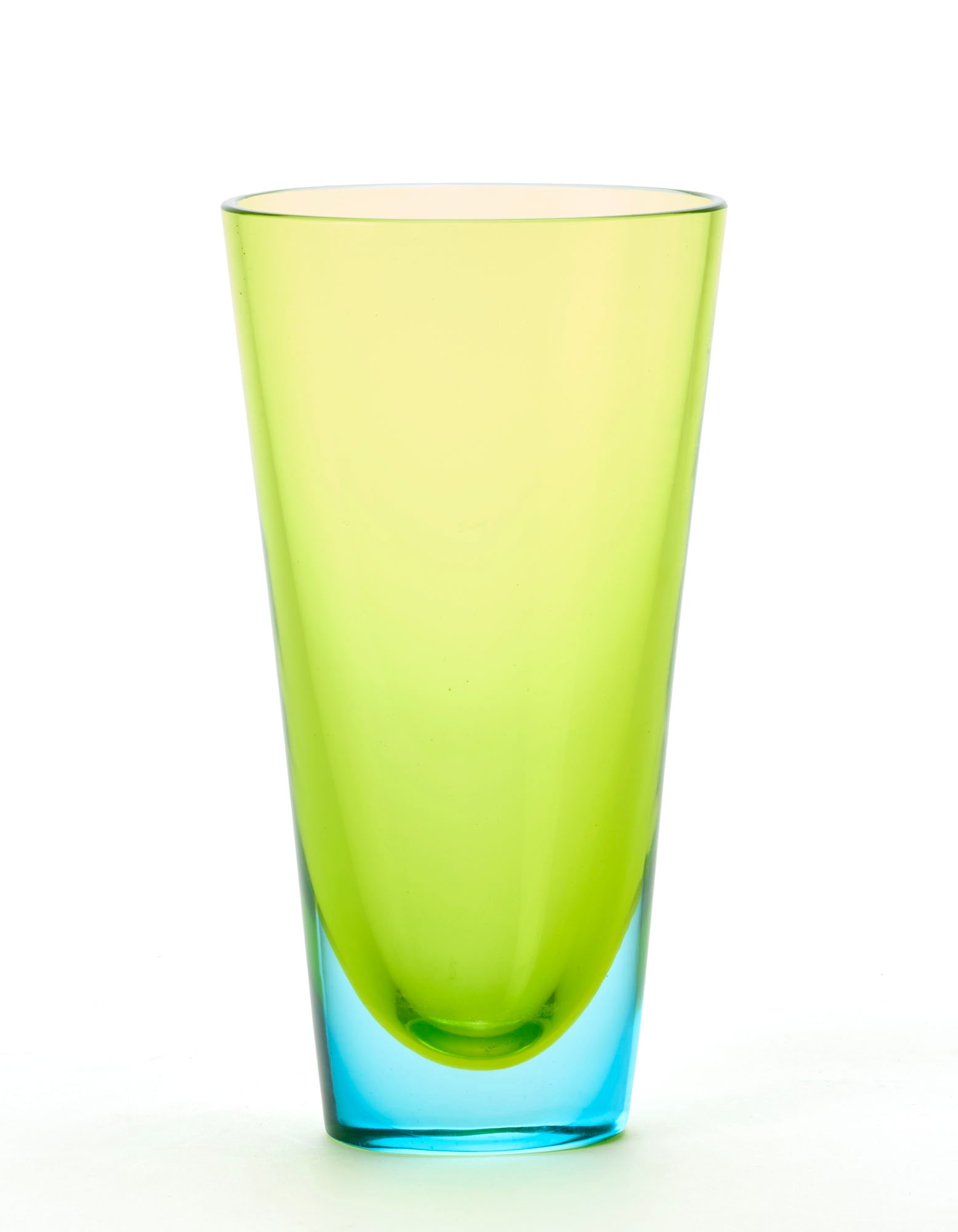 Cenedese (Attributed) Yellow submerged glass vase with aquamarine base. Murano, 1950s/1960s. (h 23: Cenedese (Attributed) Yellow submerged glass vase with aquamarine base. Murano, 1950s/1960s. (h 23 cm.; d 12.5 cm.) (slight defects) IT (Attribuito) Vaso in vetro sommerso giallo con base acquamarina.