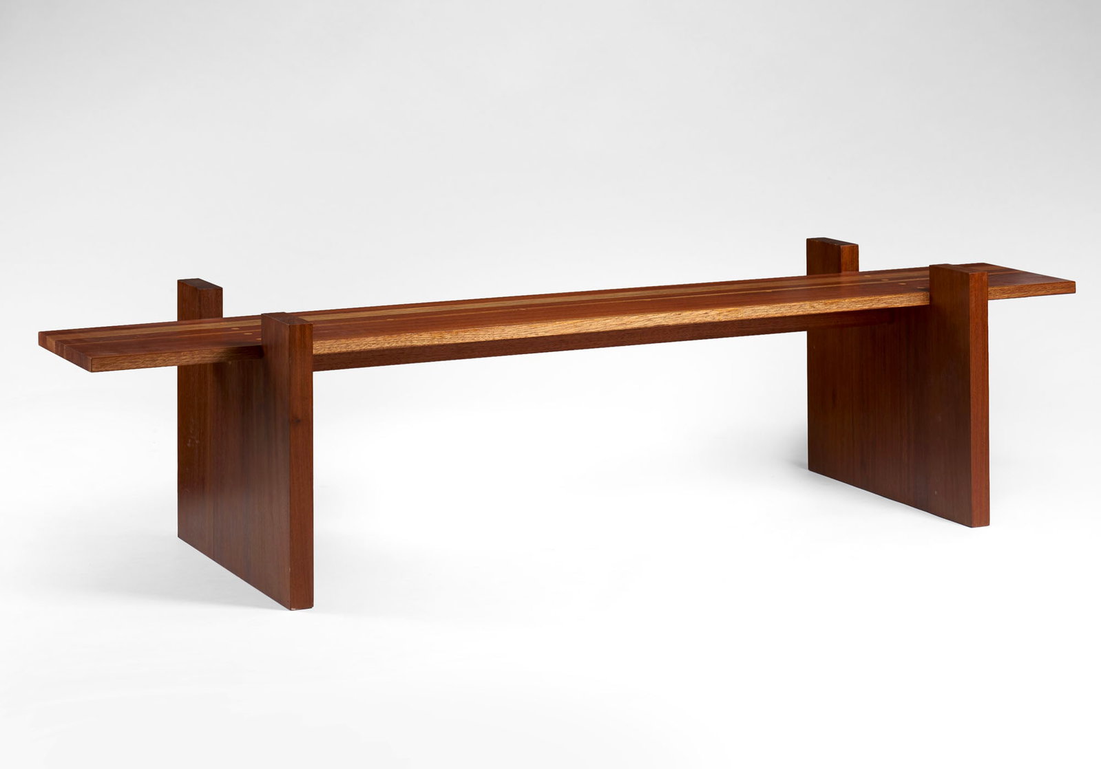 Custom bench with jointed mahogany top and iroko legs. Italy, recent production. (200.5x48x59.5 cm.) (1 of 1)