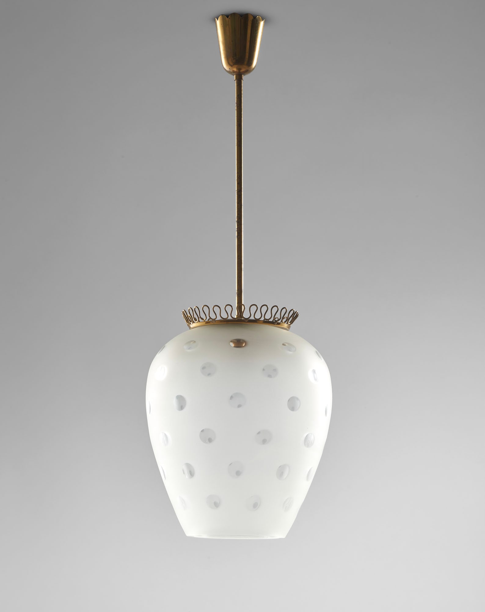Manifattura di Murano Bell-shaped suspension lamp. 1950s. Acid-etched crystal glass decorated with (1 of 1)
