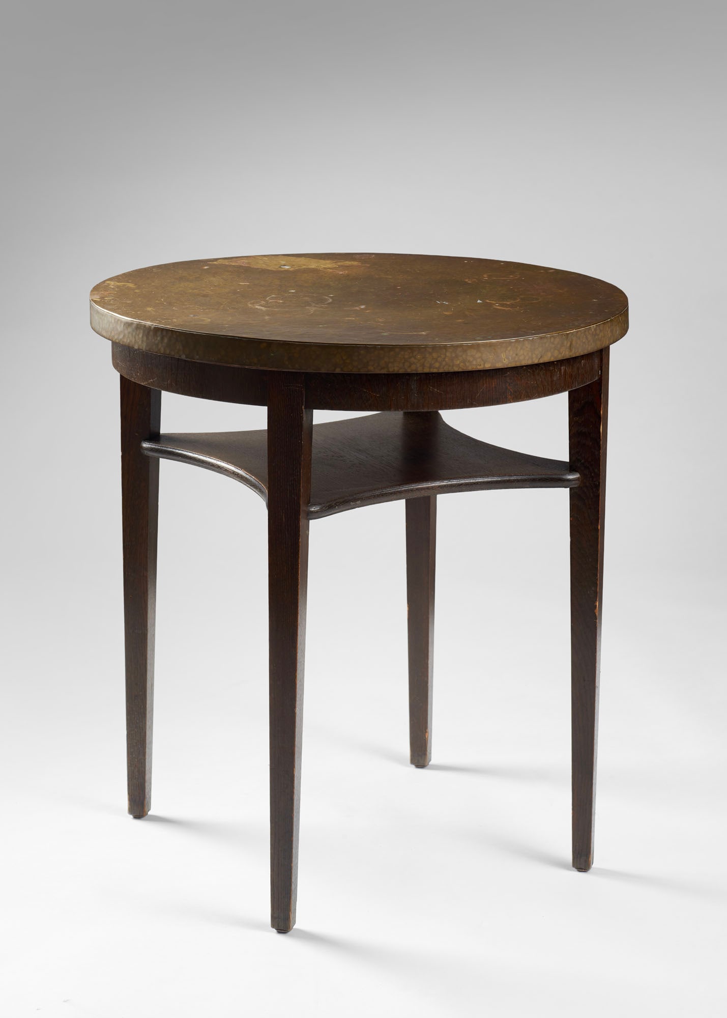 Jugendstil coffee table in solid oak with top covered in hammered brass. Austria, early 20th (1 of 1)