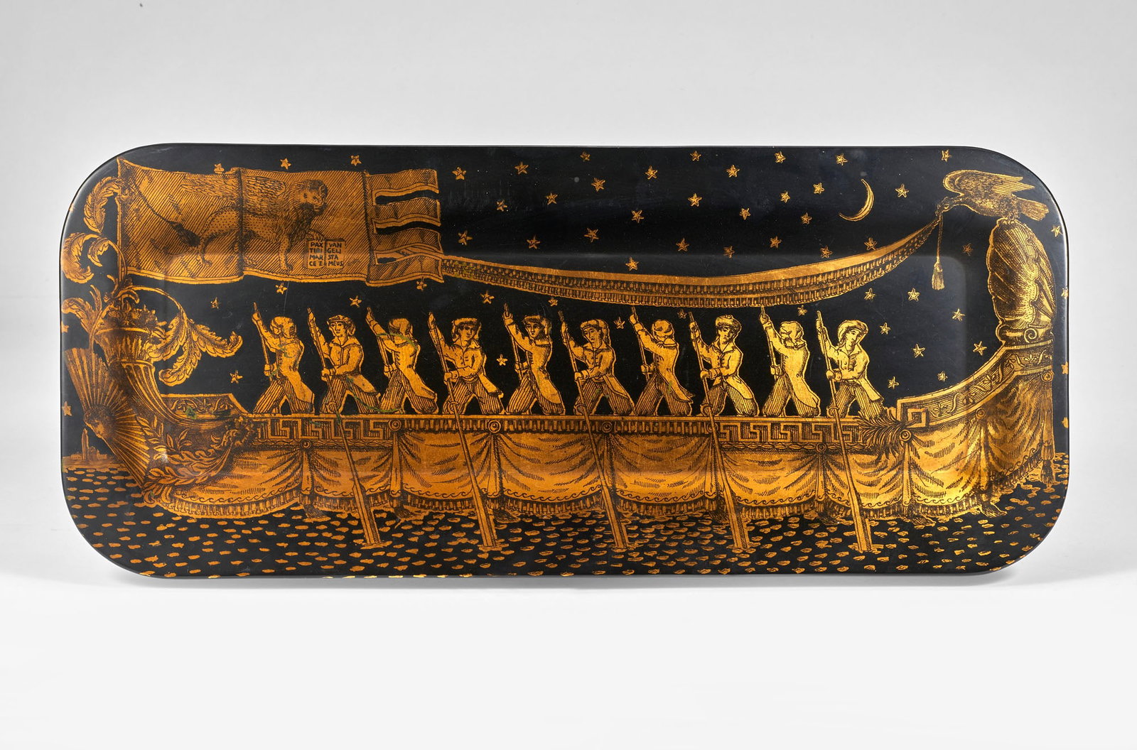 Fornasetti Tray with "Bucintoro" decoration. Milan, 1950s. Gold silkscreen on a black background, (1 of 1)