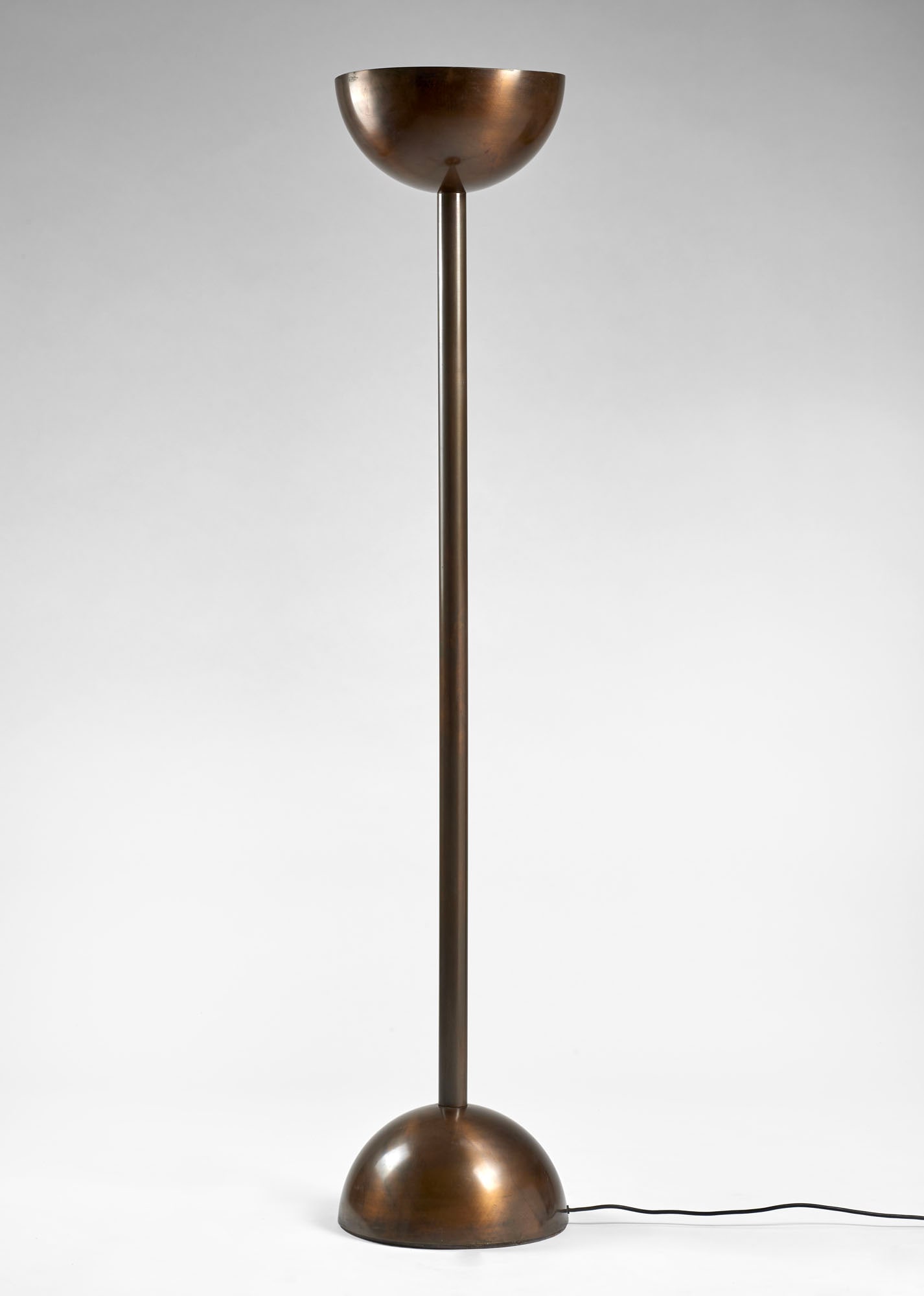 Postmodern floor lamp. Italy, 1970s/1980s. Burnished brass structure. Hemispherical base and (1 of 1)