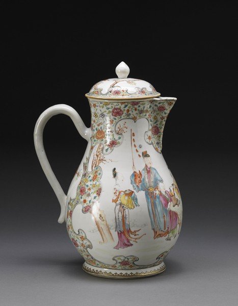 A large Famille Rose jug and cover, enamelled and gilt: A large Famille Rose jug and cover, enamelled and gilt with figures in a procession and a scholar seating at a table, surrounded by dense scrolling foliage, the foot with typical armorial design of a 