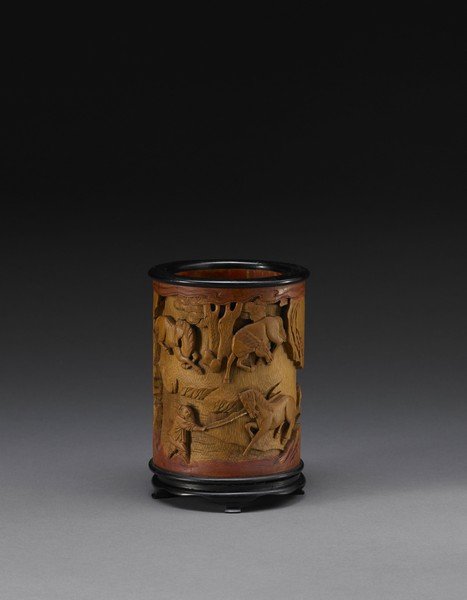 A wood brushpot carved with a conitnuous scene of horse (1 of 1)