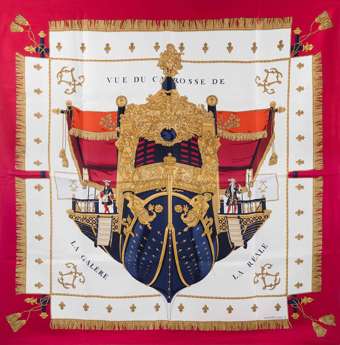 Hermes Paris: silk scarf with print "Vue du Carosse de: Hermes Paris: silk scarf with print "Vue du Carosse de la Galere Reale", Hugo Grygkar, 1953 (minor defects)