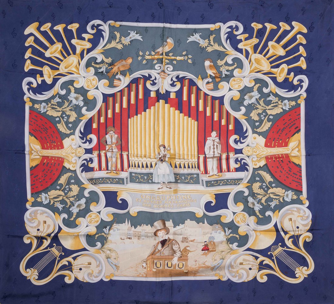 Hermes Paris: silk scarf with "Orgauphone et Autres (1 of 1)