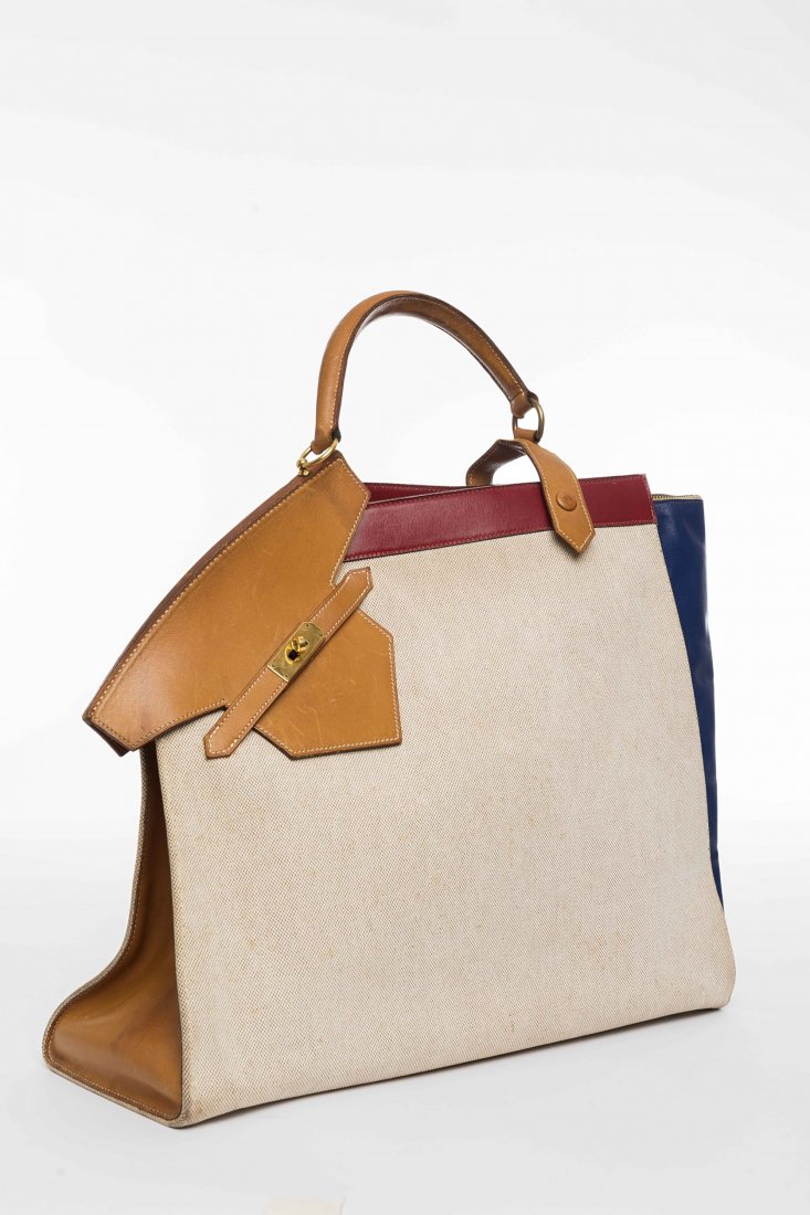 Hermes Paris: natural-colored canvas bag with red and (1 of 1)