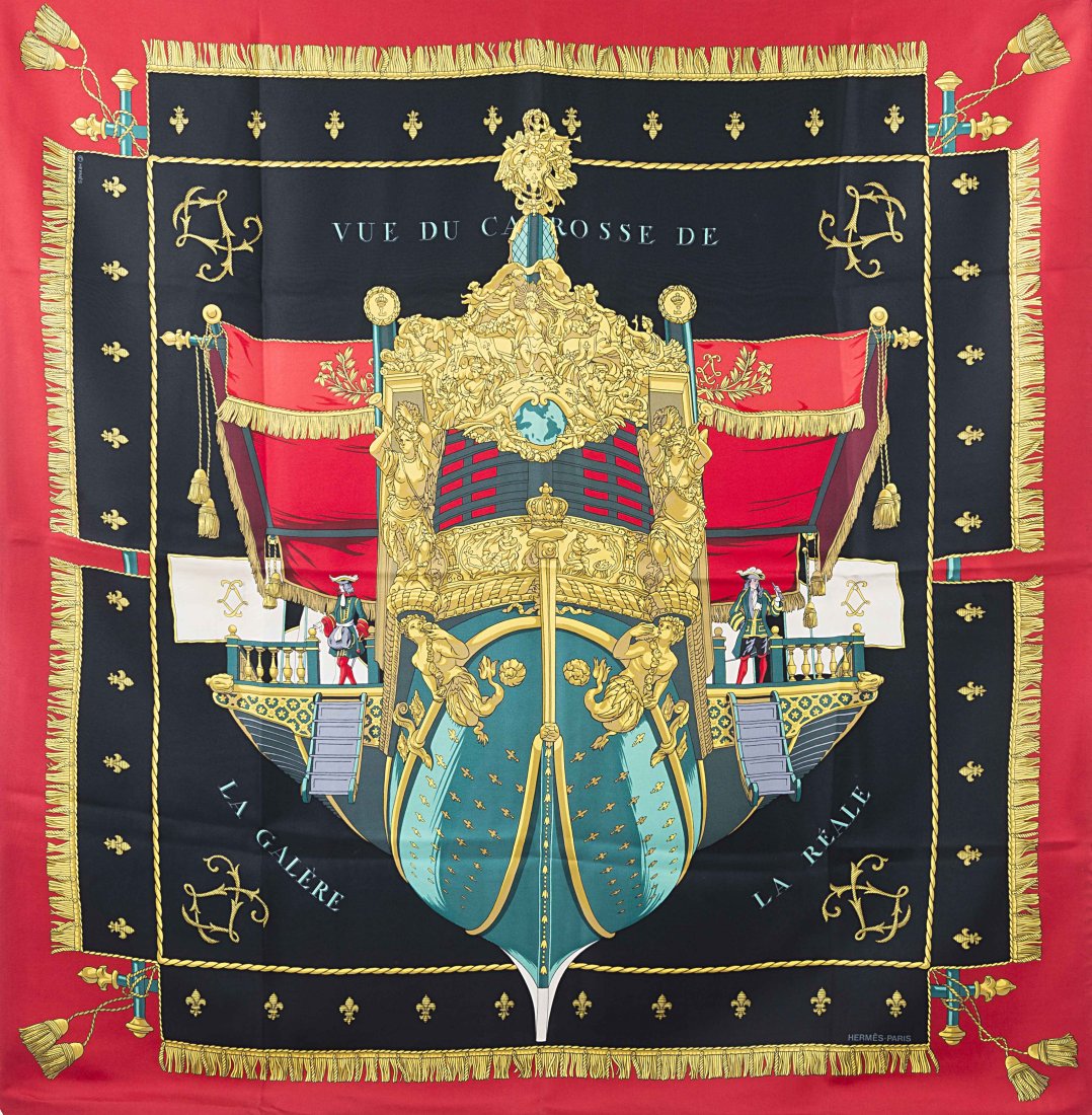 Hermes Paris: silk scarf with print "Vue du Carosse de: Hermes Paris: silk scarf with print "Vue du Carosse de la Galere Reale", Hugo Grygkar, 1953