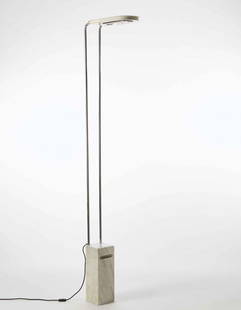 Bruno Gecchelin ( 1939 ) Lampada da terra modello: Bruno Gecchelin ( 1939 ) Lampada da terra modello "Gesto terra". Produzione Skipper, Italia 1974. Base in marmo di Carrara, struttura in metallo cromato e laccato bianco (h cm 220) (lievi difetti) Flo
