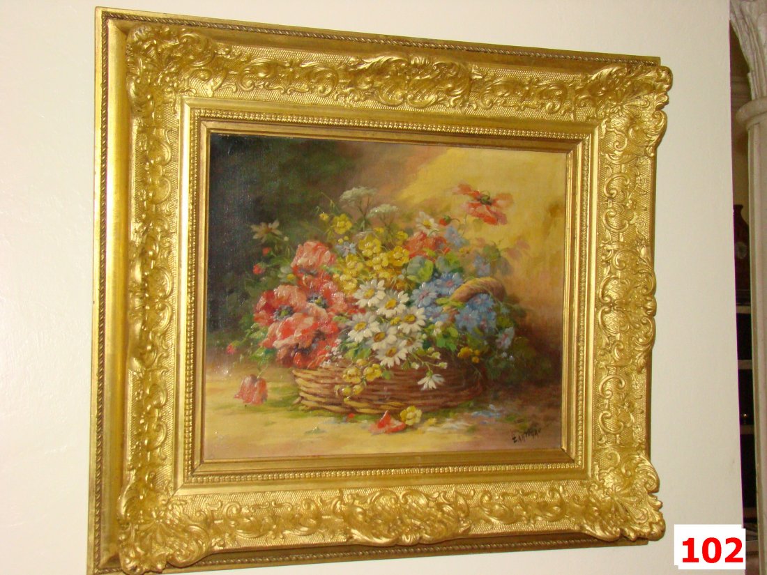 Still Life with Flowers in a Basket: oil on canvas painting, signed Lartigau ( Louis Lartigau 19th./20th. Century French) 14 x 17 1/2 inches