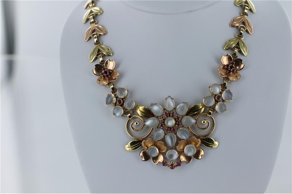 LADIES 14KT 2 TONE GOLD TIFFANY& CO 2 PC SET: Moonstone and Ruby necklace and earrings in yellow and pink gold has designer mark wb signed tiffany twt 70.0 grams approx. 16" long including earrings