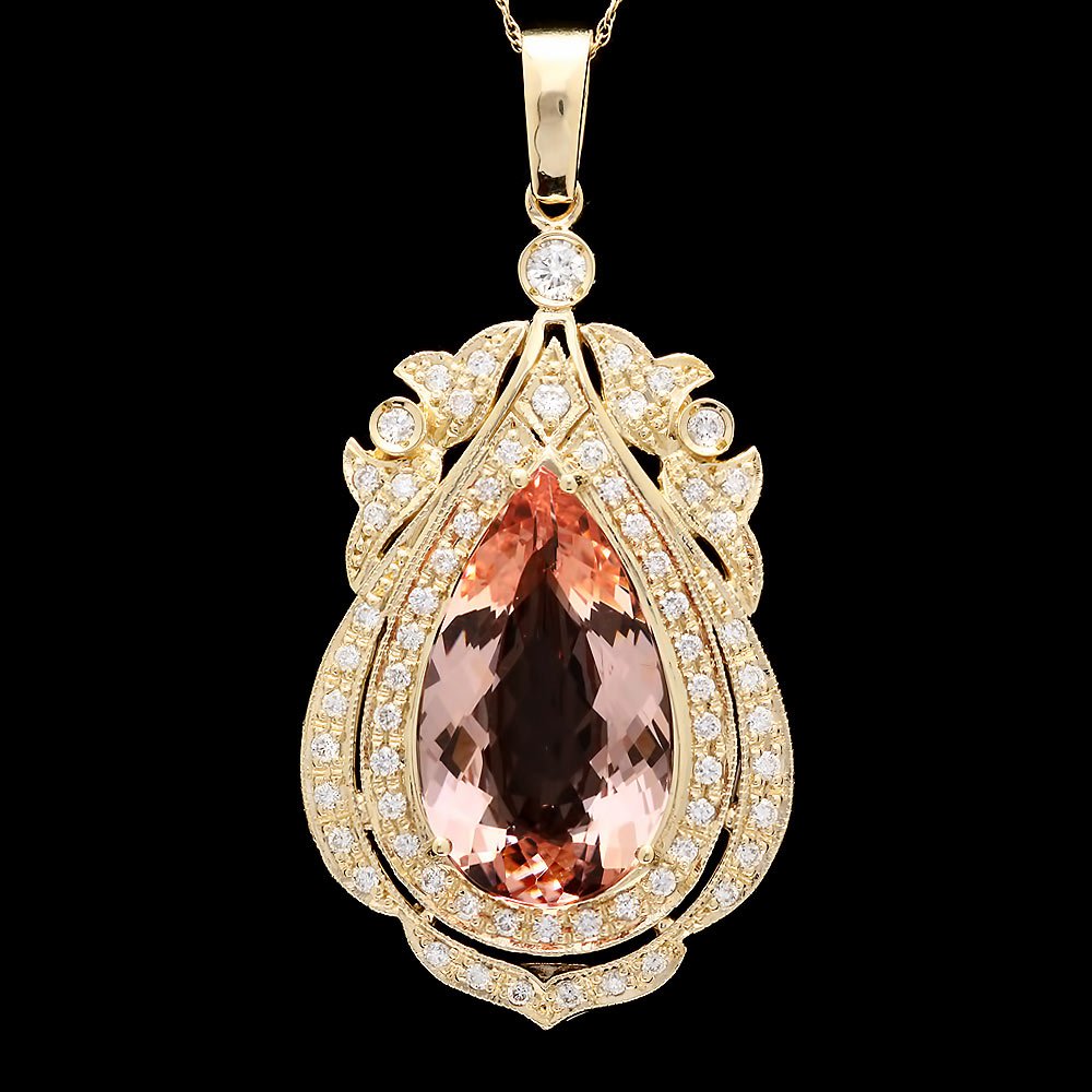 14K SOLID GOLD 14CT MORGANITE 1.45CT DIAMOND PENDANT: Certified: $16700.00 ****** Metal: 14k Solid Yellow Gold / Size: 16 / Total Item Weight: 14.0 grams / Country Made: United States / / Main Stone: Morganite / Color: Pink / Carat Total Weight: 14.00 /