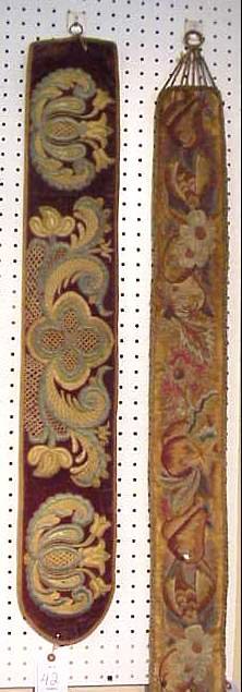 Antique bell pull with floral crewel work & tasse