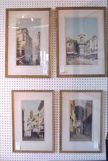 Four European street scenes, watercolor, three s
