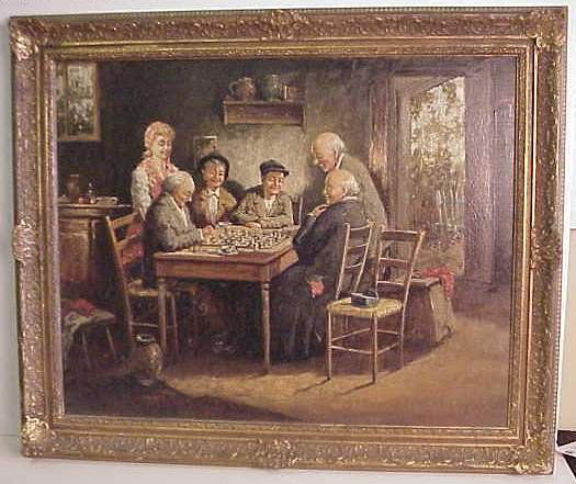 20thc Italian genre scene depicting figures playi: 20thc Italian genre scene depicting figures playing chess, oil on canvas, signed A. Crivelli lower right, framed 29 1/2" x 35 1/2"