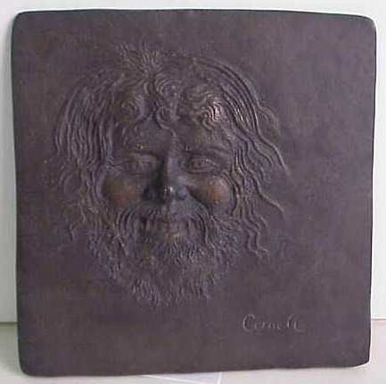 "Satyr I" bronze plaque with portrait of a man, s: "Satyr I" bronze plaque with portrait of a man, signed Cornell lower right, marked Walter Thompson Co Christmas 1970 Thomas Cornell #214/375 verso, 7"sq