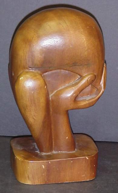 Wood carved sculpture of a figure with head in h - 2