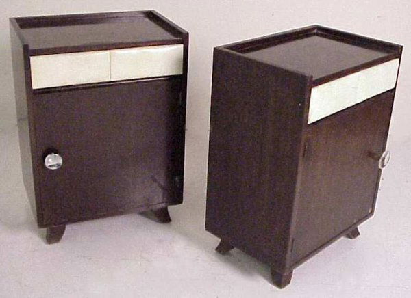 Gilbert Rohde/Herman Miller pair of single drawer: Gilbert Rohde/Herman Miller pair of single drawer nightstands, mahogany and vinyl, with one drawer over single door and open shelves, 25"h, 18"w, 12"d, printed on back #4140,Cond., finish as is