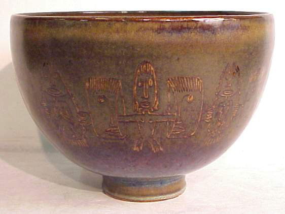 Mary Scheier footed stoneware bowl, decorated wit: Mary Scheier footed stoneware bowl, decorated with figures, 6 1/4"h x 8 3/4"h (no chips or cracks)