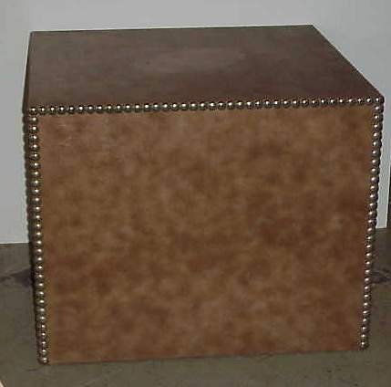 Attrib. Karl Springer cube table with steel tack: Attrib. Karl Springer cube table with steel tack edging, 24"h, 29" x 30"