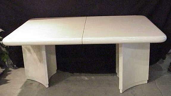 Jimeco, So Amer, in the style of Karl Springer: Jimeco, So Amer, in the style of Karl Springer extension table with double pedestal base and 2 18" leaves, 30"h, 65 1/2" x 43", Jimeco foil label on leaves