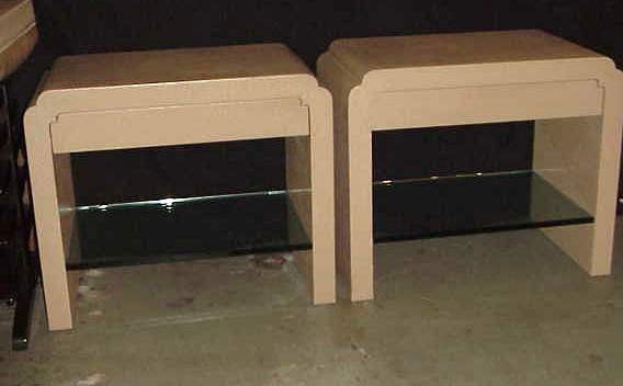 Attrib to Karl Springer pr nightstands, single: Attrib to Karl Springer pr nightstands, single drawer with open glass shelf, 25"h, 29" x 18", some wear and nicks to bottom front