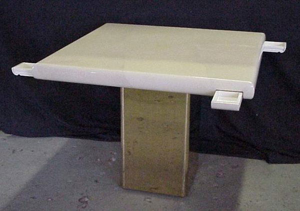 Karl Springer parchment game table, goatskin and: Karl Springer parchment game table, goatskin and polished brass base, pull out drawer on each right side, 29 3/4"h, 37 1/2" x 37 1/2", minor scratches to base