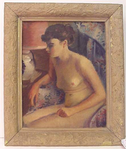 August Mosca (1909-Shelter Island, NY) Portrait o: August Mosca (1909-Shelter Island, NY) Portrait of a Nude, oil on canvas, 15" x 12", signed and dated 1939, framed 19" x 16 1/2"