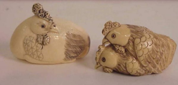 2 carved chicken netsukes, both signed, 1 7/8" &