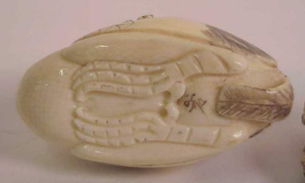 2 carved chicken netsukes, both signed, 1 7/8" & - 2