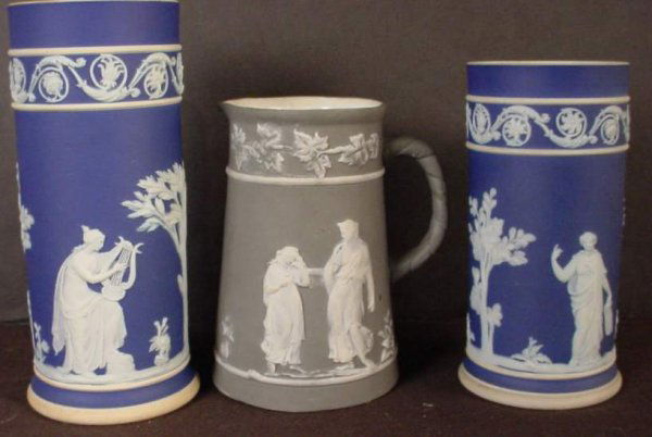 2 Wedgwood jasperware vases, Wedgwood, 5" and 6": 2 Wedgwood jasperware vases, Wedgwood, 5" and 6"h,made in England and a small jasperware pitcher , 4 1/2"h, unmarked