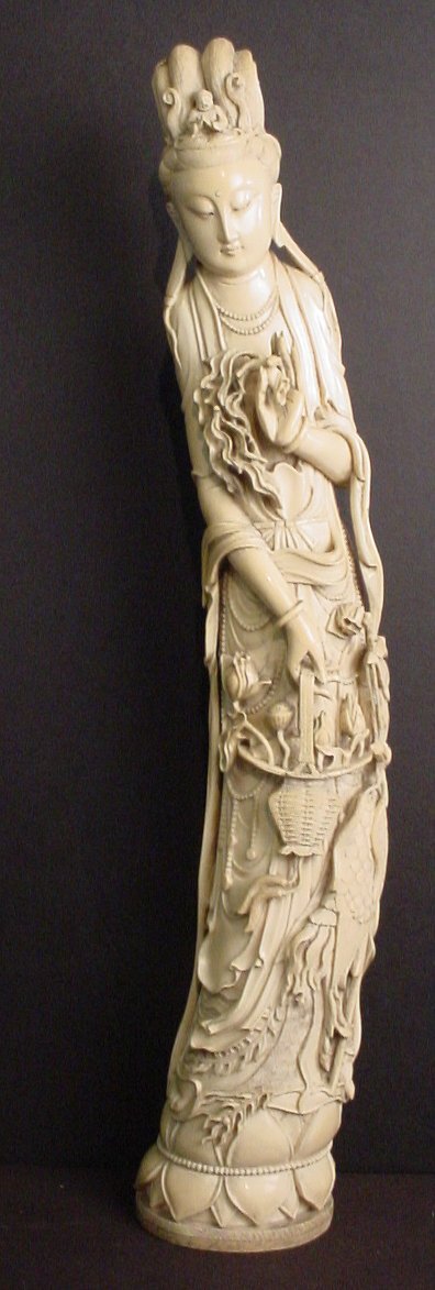 Chinese ivory tusk carved with figure of a goddes