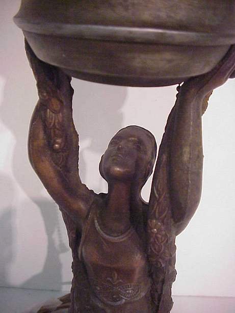 Art Deco lady lamp with amber glass ball shade, - 2