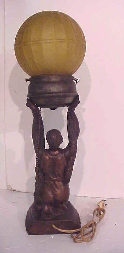 Art Deco lady lamp with amber glass ball shade, - 3
