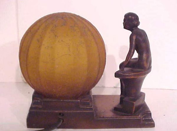 Art Deco seated nude metal lamp with amber glass - 2