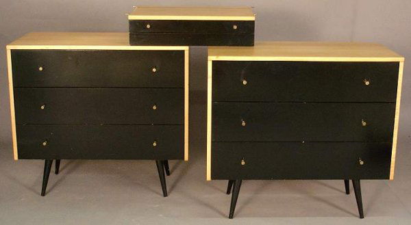 Paul McCobb / Planner Group for Winchendon, pair 3: Paul McCobb / Planner Group for Winchendon, pair 3 drawer black lacquer chests (finish removed from tops) and lift top vanity, chests on dowel legs, conical brass pulls, retain labels in drawers, 33"h