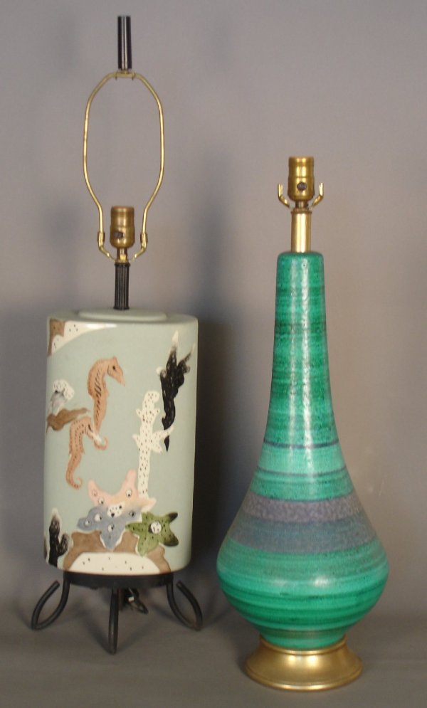 (2)Pottery Lamps,a poss. raymor lamp gourd form &: (2)Pottery Lamps,a poss. raymor lamp gourd form & a ceramic table lamp with seahorse motif sand textured finish wax resist,metal wire base,27"h and 24"h to socket.