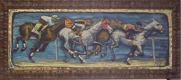 Albert Pels (1910-1998 New York) Horses and jocke: Albert Pels (1910-1998 New York) Horses and jockeys racing, oil on canvas, 18" x 49", signed, framed 24" x 54"