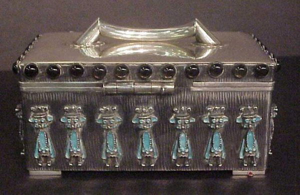 Korean silver (99), enamel and smoky quartz jewe: Korean silver (99), enamel and smoky quartz jewelry box, with slide bar, marked Made in Korea, 99 silver (pre 1940), approx 32oz fine silver, 4 1/2"h, 7 1/2" x 5", missing 2 stones