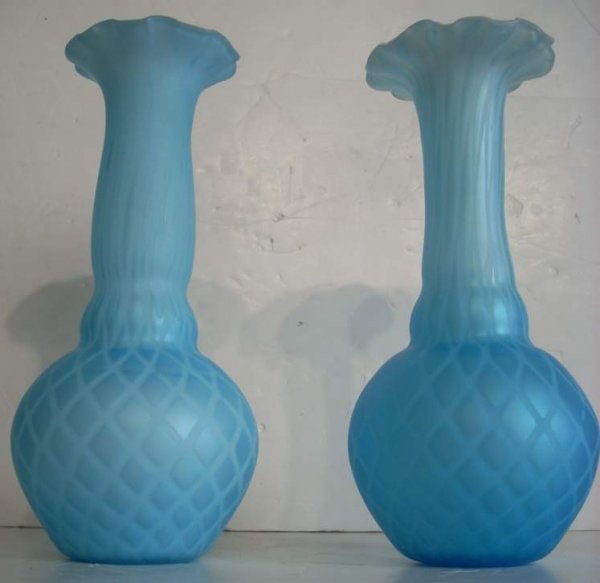 Pair of satin glass vases, pillow pattern, 13 1/