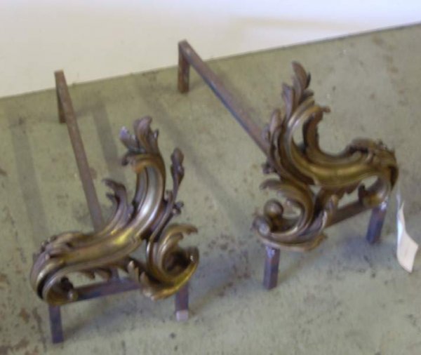Pair of French ornate bronze chenets, 15" h, 9 1/